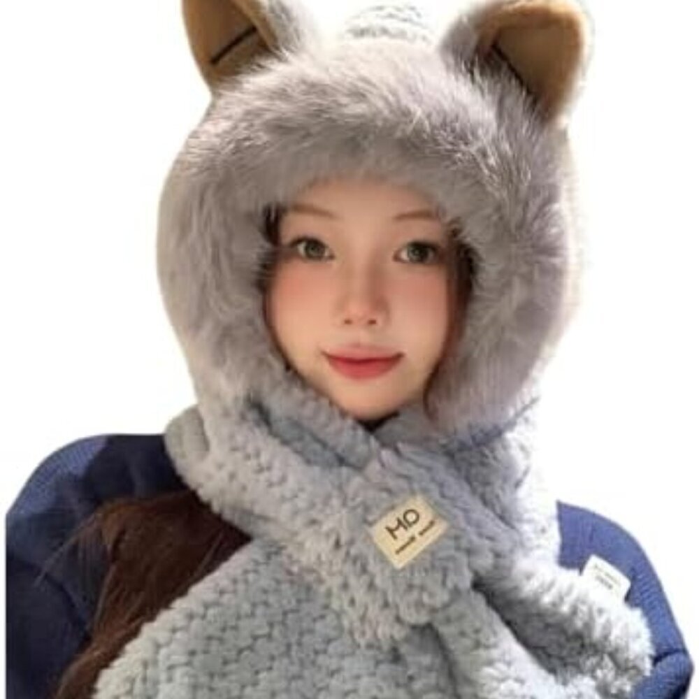 Winter Hat Scarf Set Women's Faux Fur Fox Ears Hood Cozy Warm Fleece